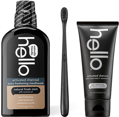activated charcoal toothpaste and mouthwash, with classic black toothbrush