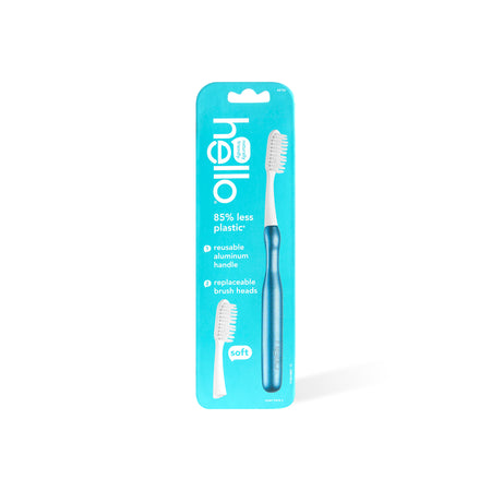 hello sustainable toothbrush with reusable blue aluminum handle