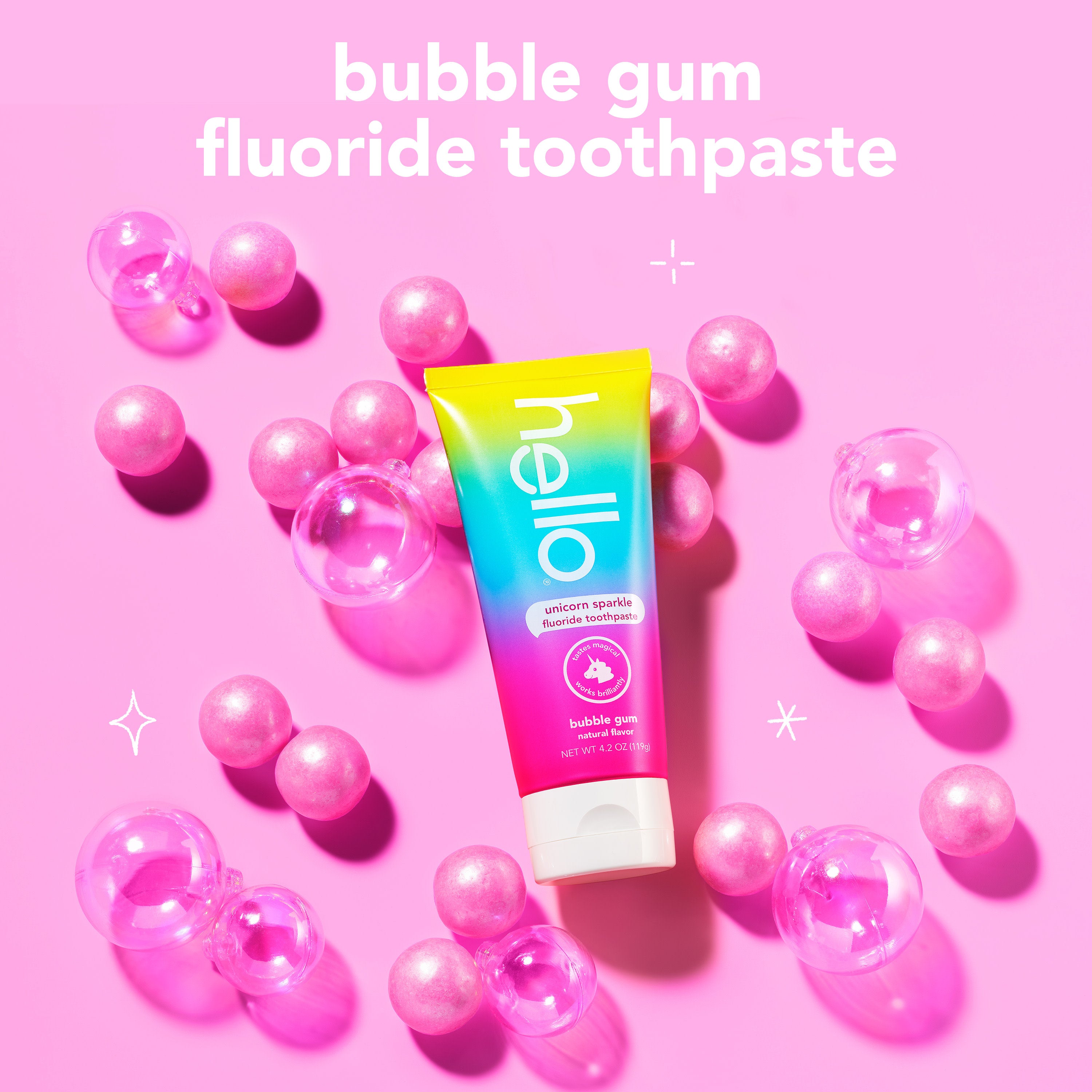 hello kids unicorn sparkle fluoride toothpaste. In text: Bubble gum fluoride toothpaste.