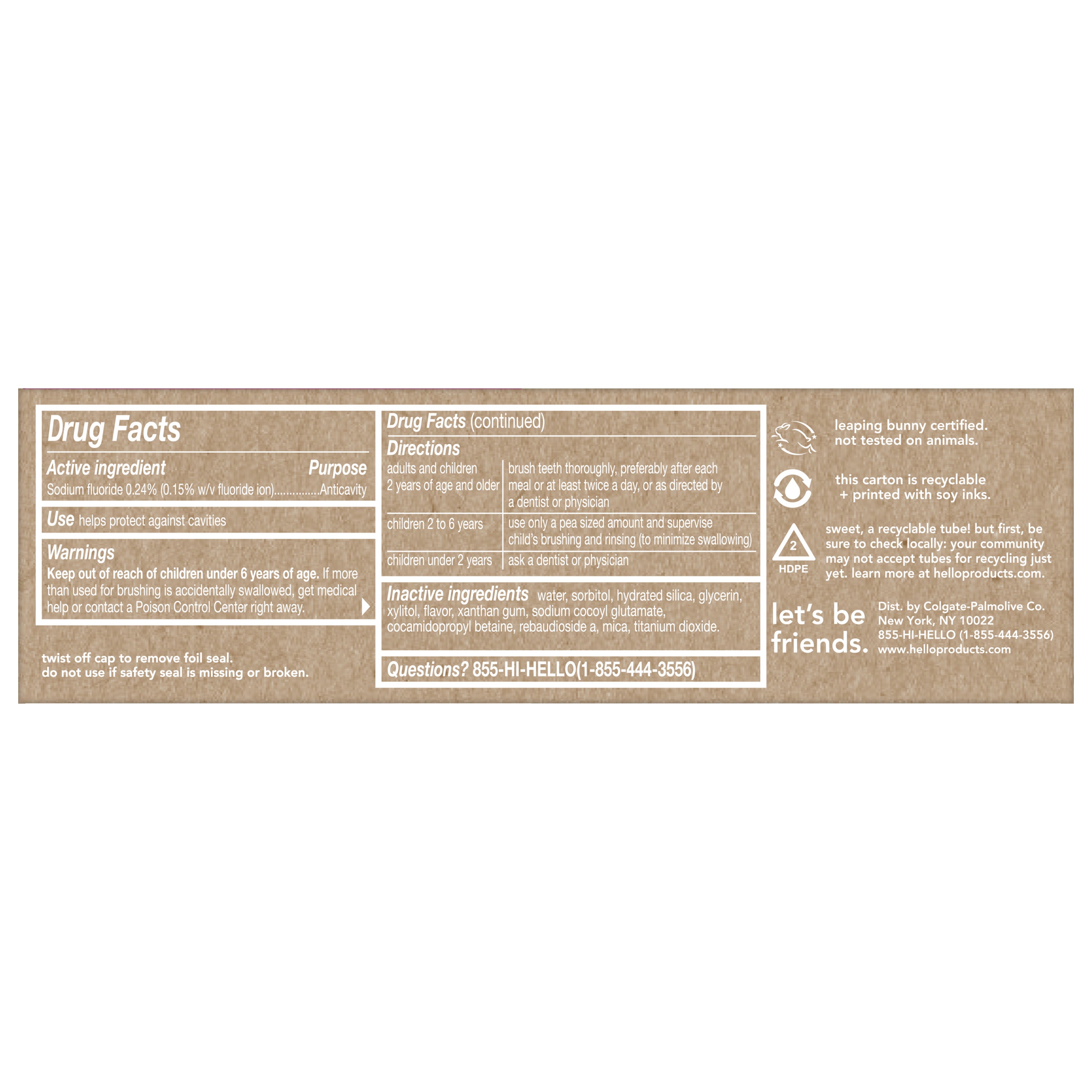 The back of a package of hello kids unicorn sparkle fluoride toothpaste. 