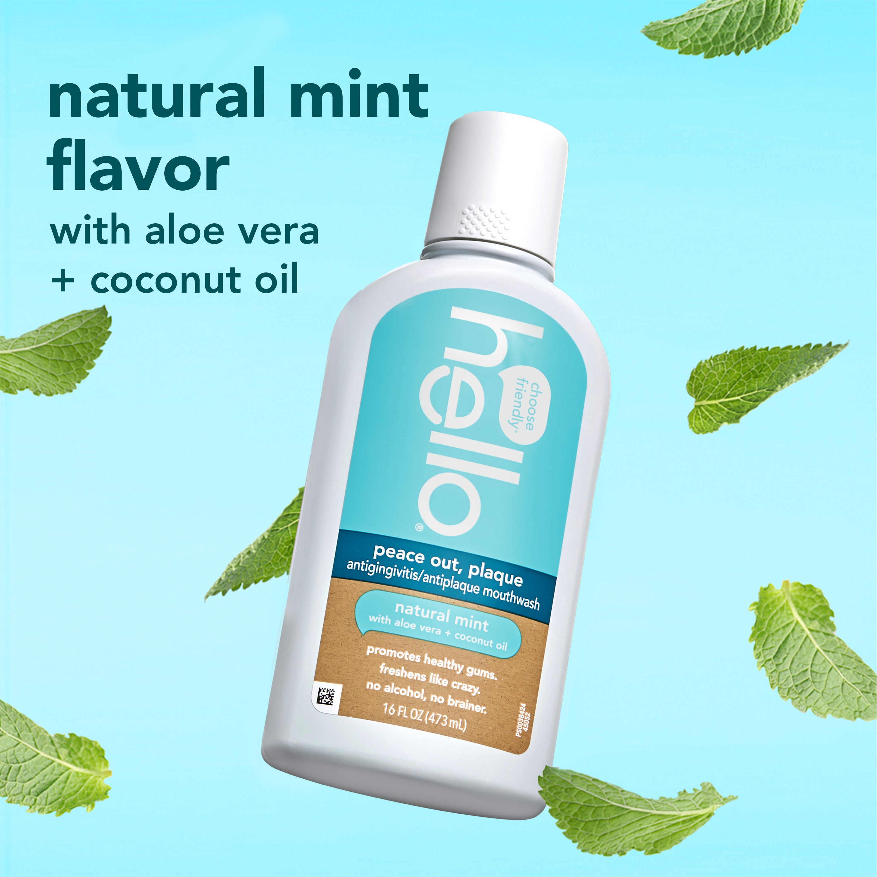 Hello Peace Out, Plaque Antigingivitis Mouthwash. In text: Natural mint flavor with aloe vera + coconut oil. 