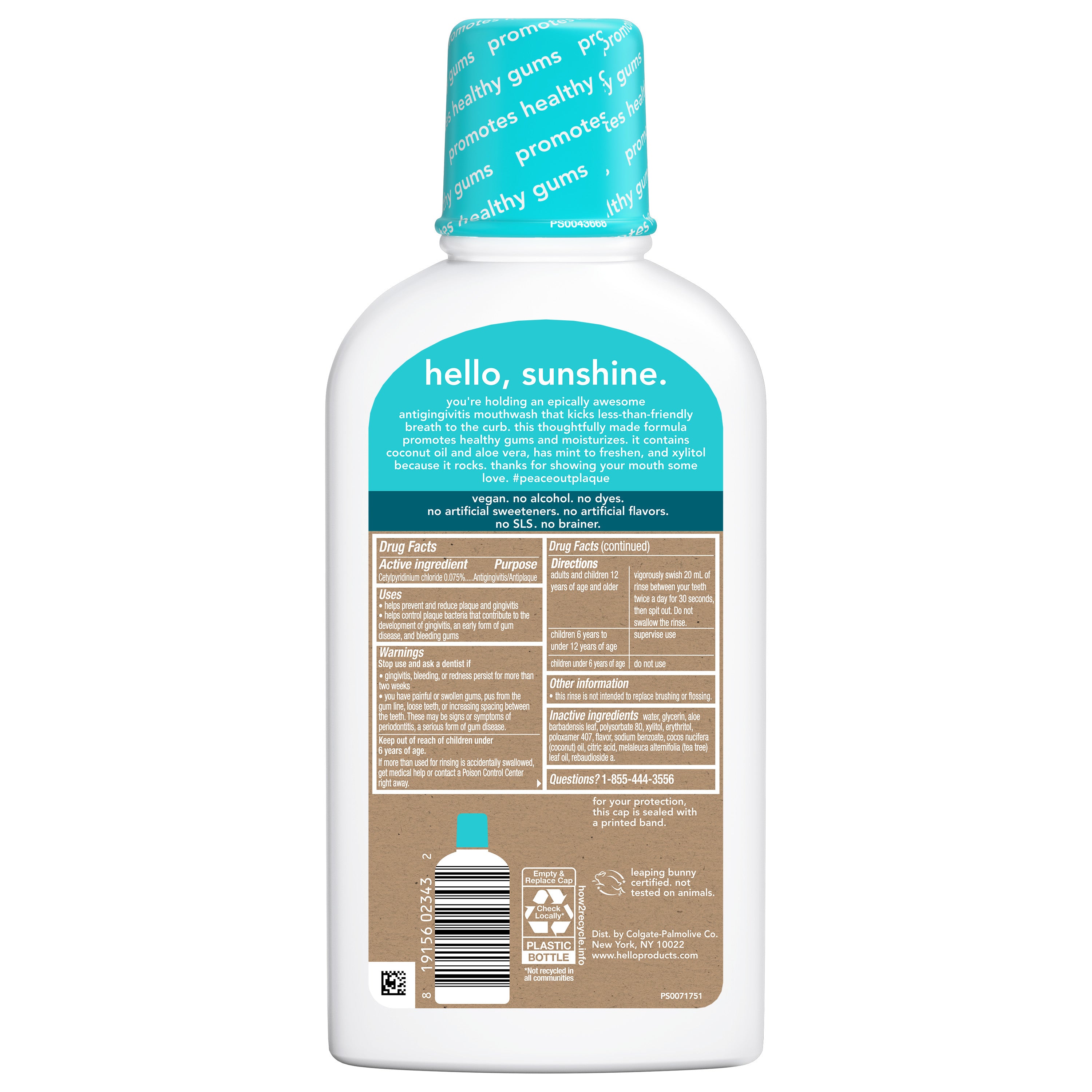 The back of the packaging of Hello Peace Out, Plaque Antigingivitis Mouthwash.