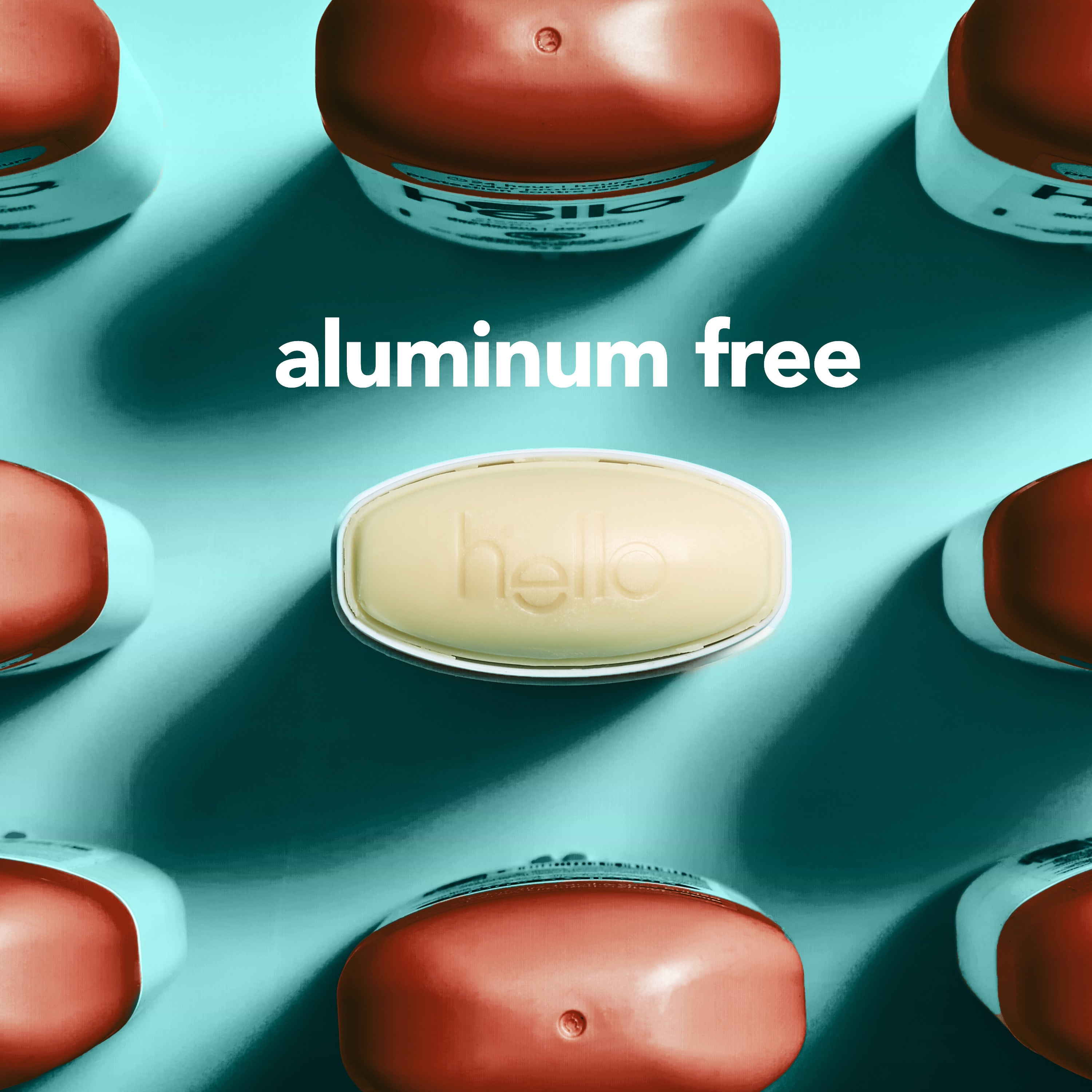 The top of a stick of hello sweet coconut aluminum free deodorant with shea butter. In text: aluminum free.