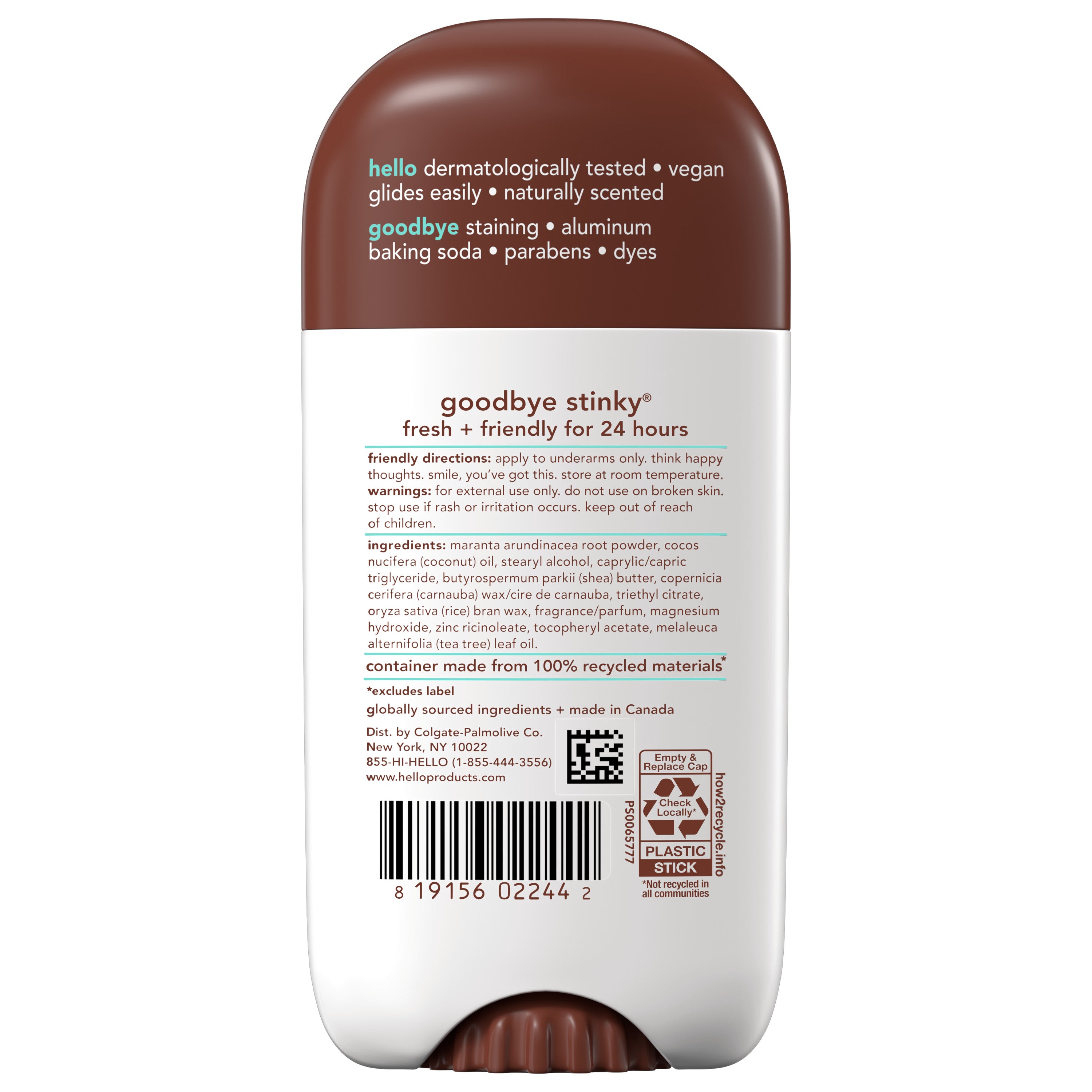 The back of a stick of hello sweet coconut aluminum free deodorant with shea butter.