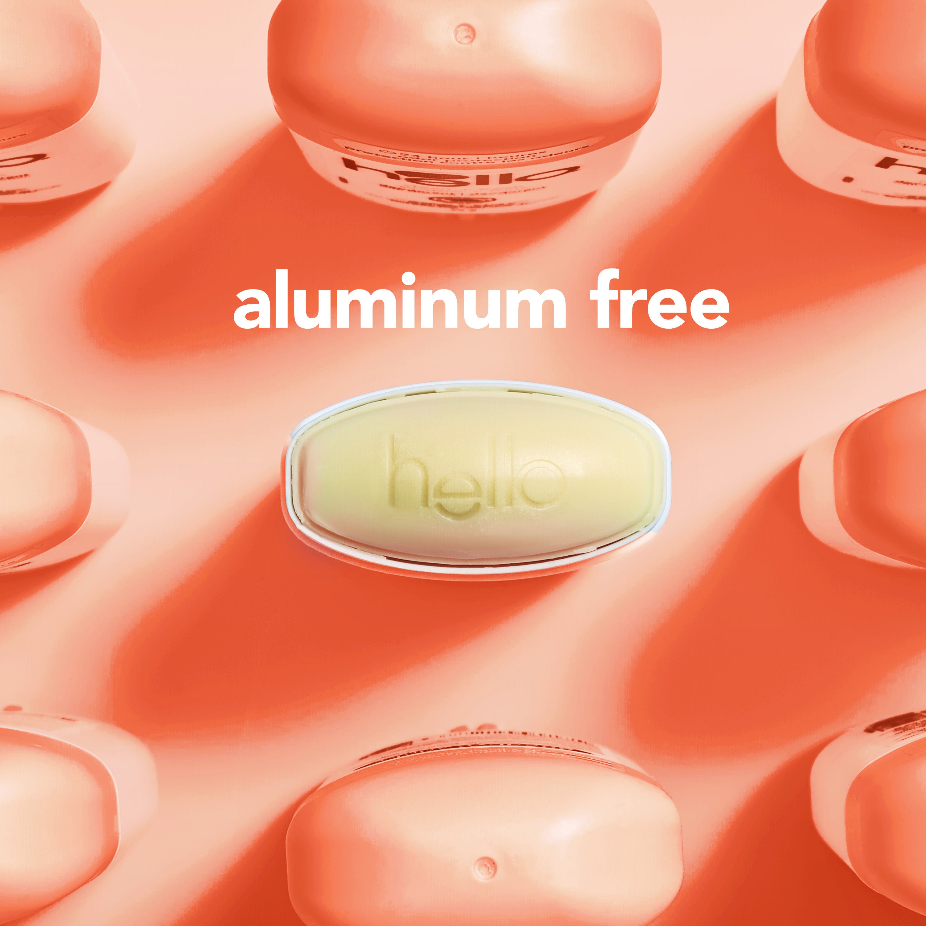 The top of a stick of hello peach sparkle aluminum free deodorant with shea butter. In text: Aluminum free.