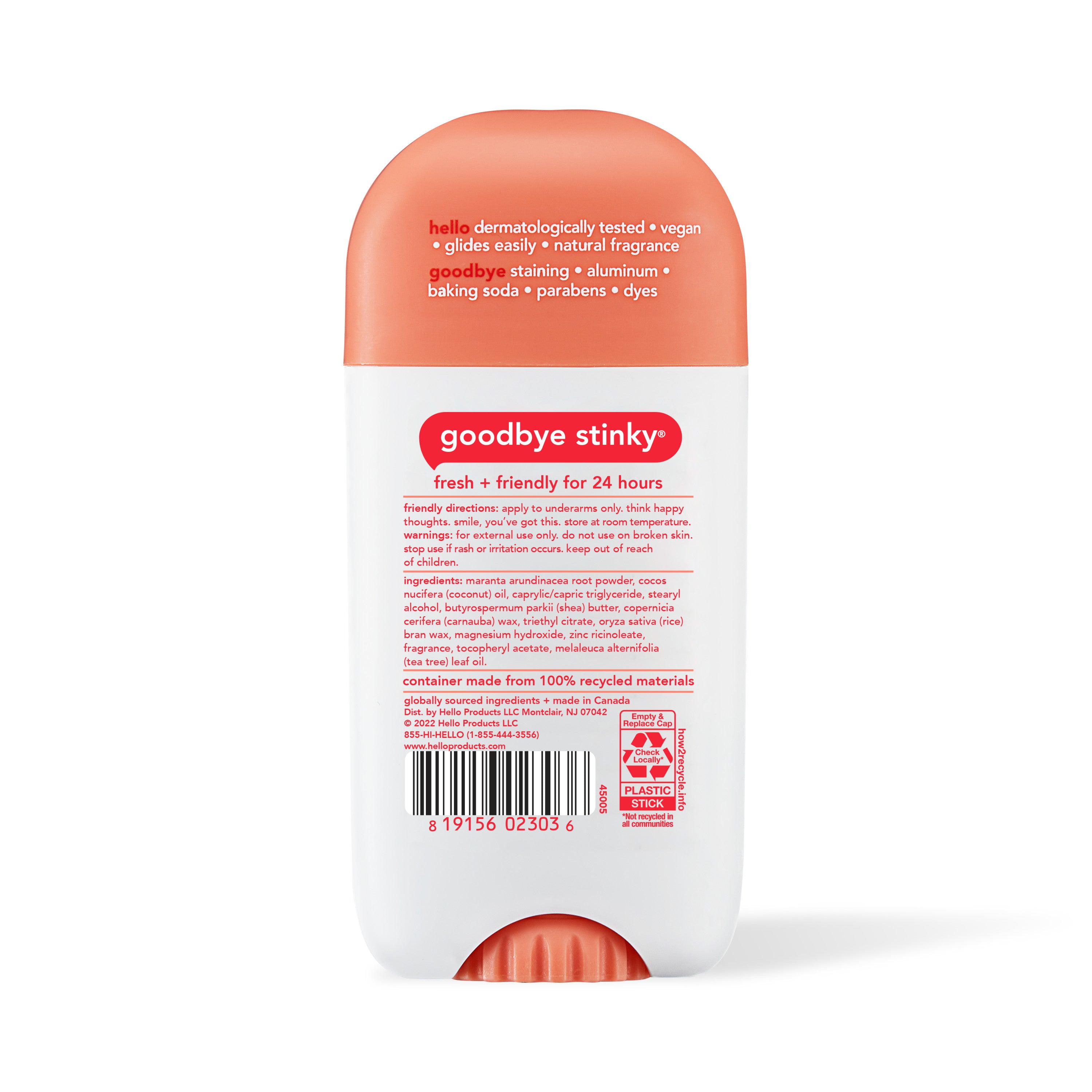 The back of a stick of hello peach sparkle aluminum free deodorant with shea butter.