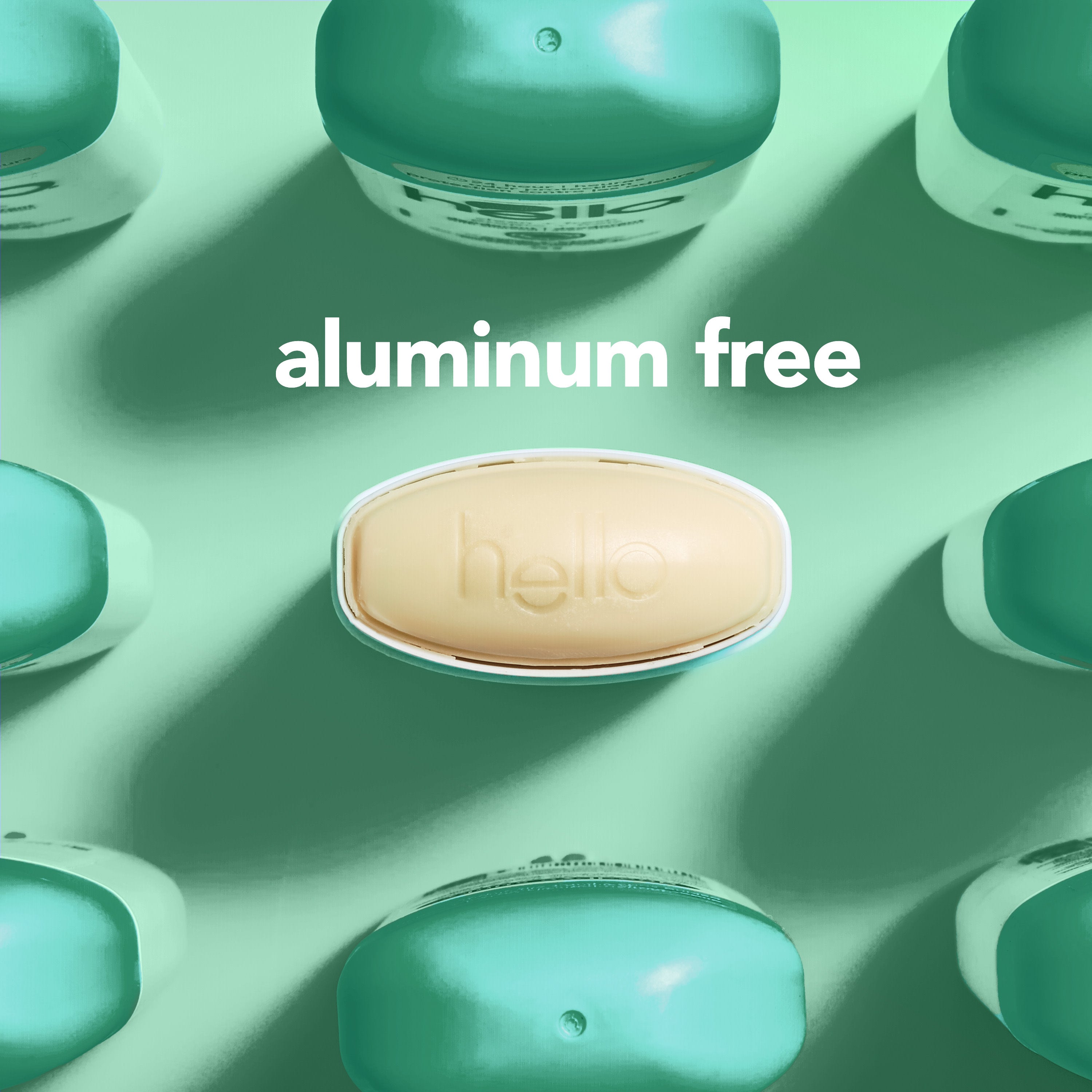 hello sage + eucalyptus aluminum free deodorant with shea butter. In text: aluminum free.