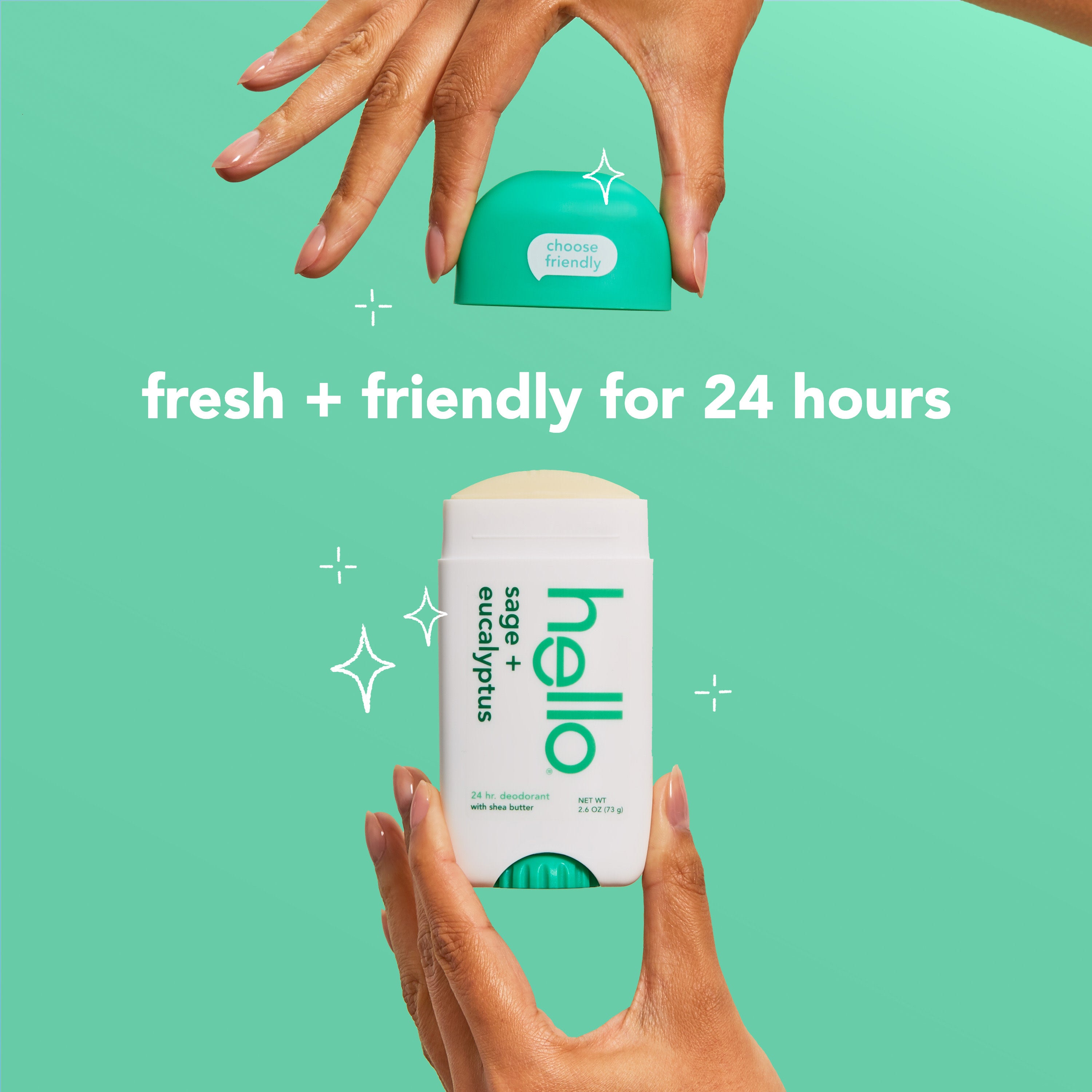hello sage + eucalyptus aluminum free deodorant with shea butter. In text: fresh + friendly for 24 hours.