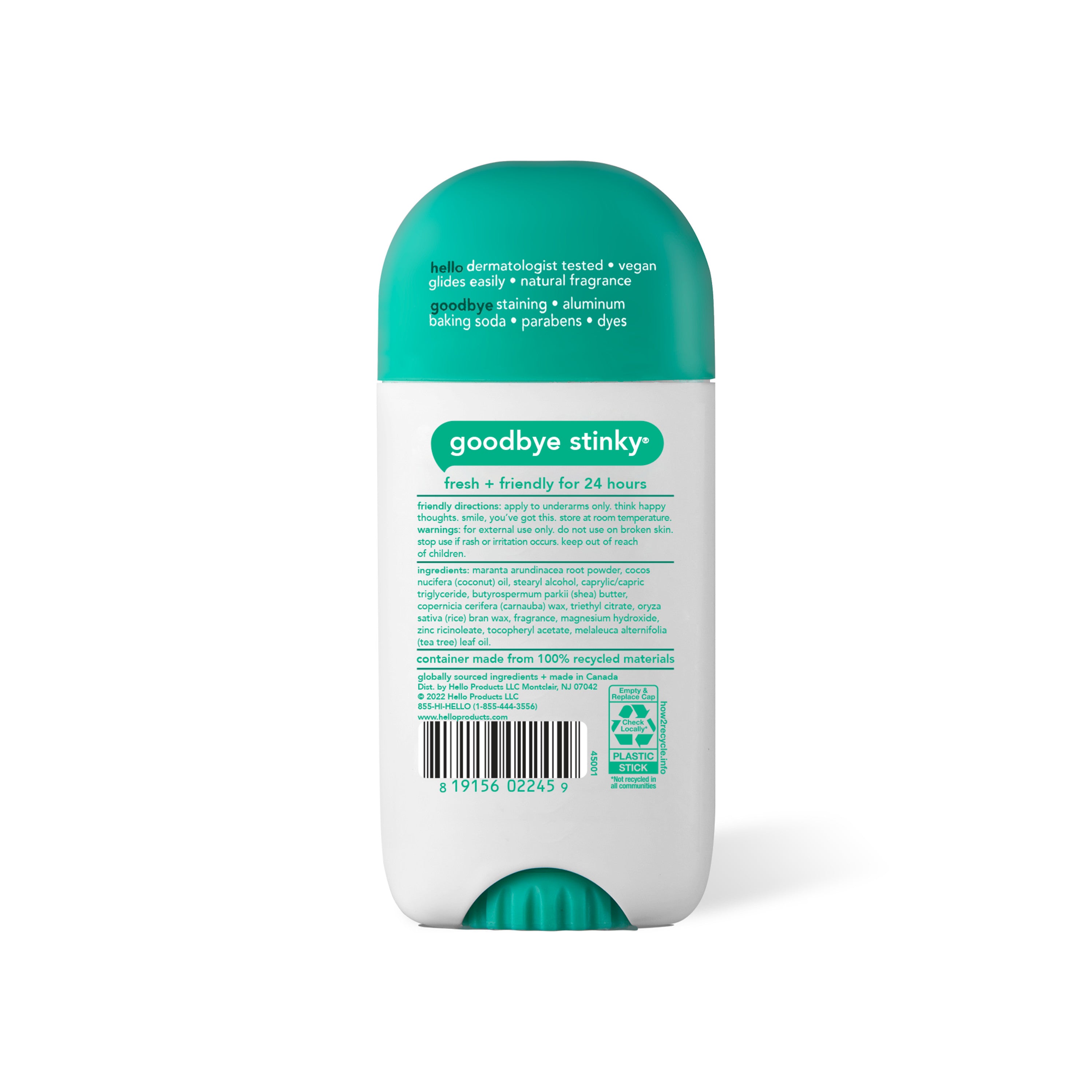 The back of a stick of hello sage + eucalyptus aluminum free deodorant with shea butter.