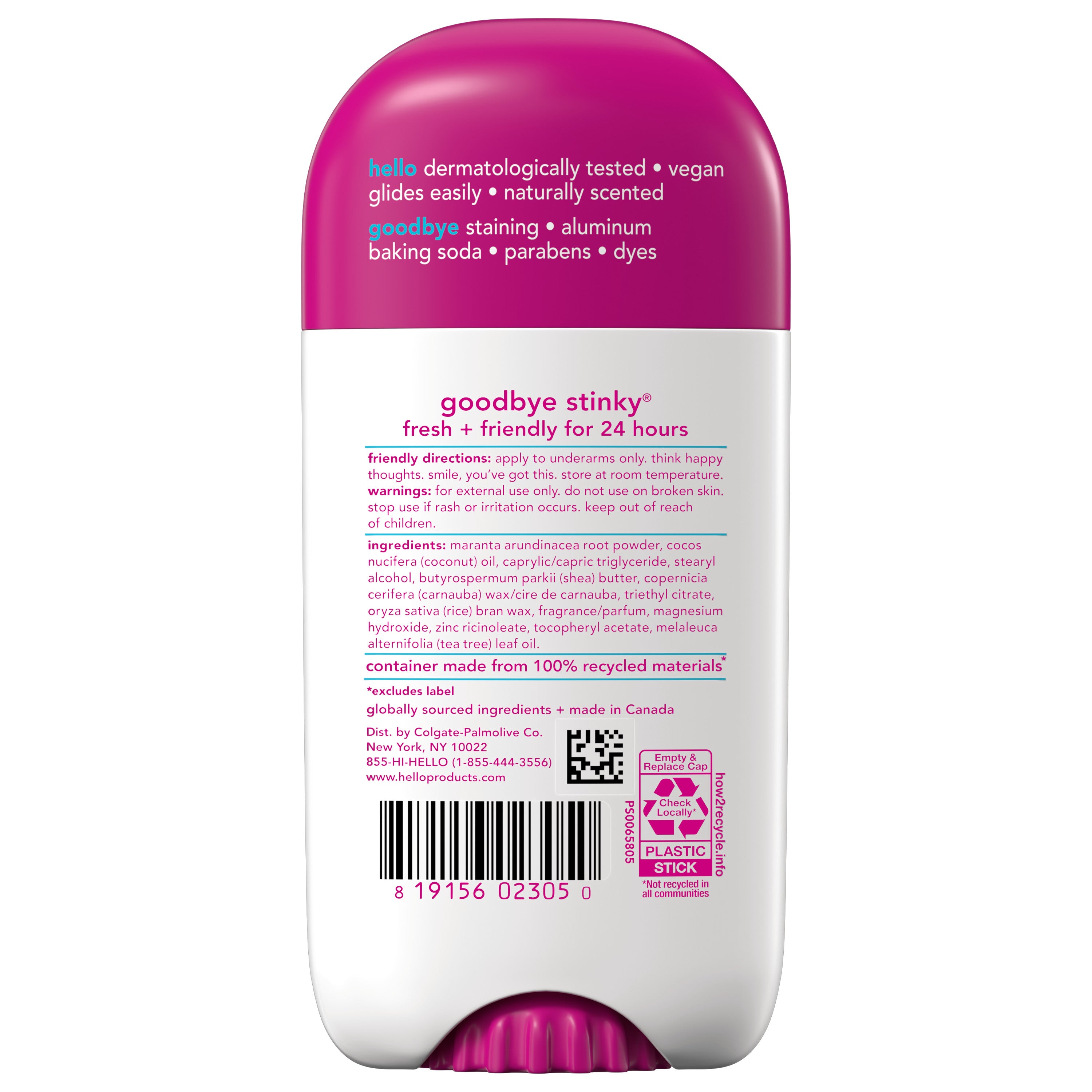 The back of a stick of hello unicorn aluminum free deodorant with shea butter.