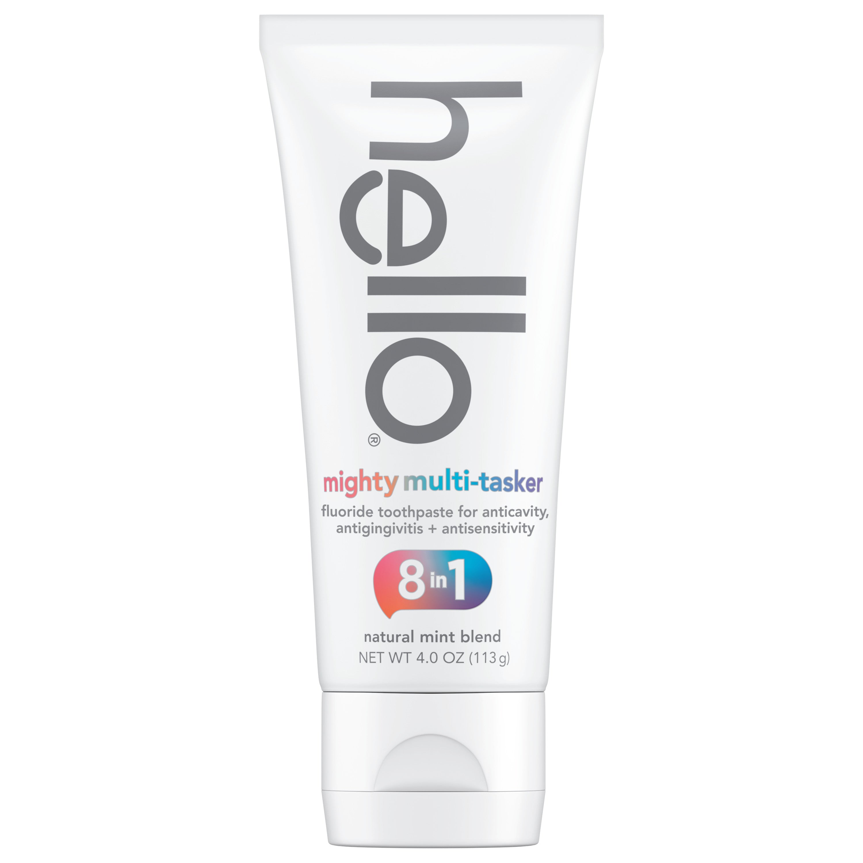A tube of hello 8-in-1 Mighty Multi-Tasker Fluoride Toothpaste. 
