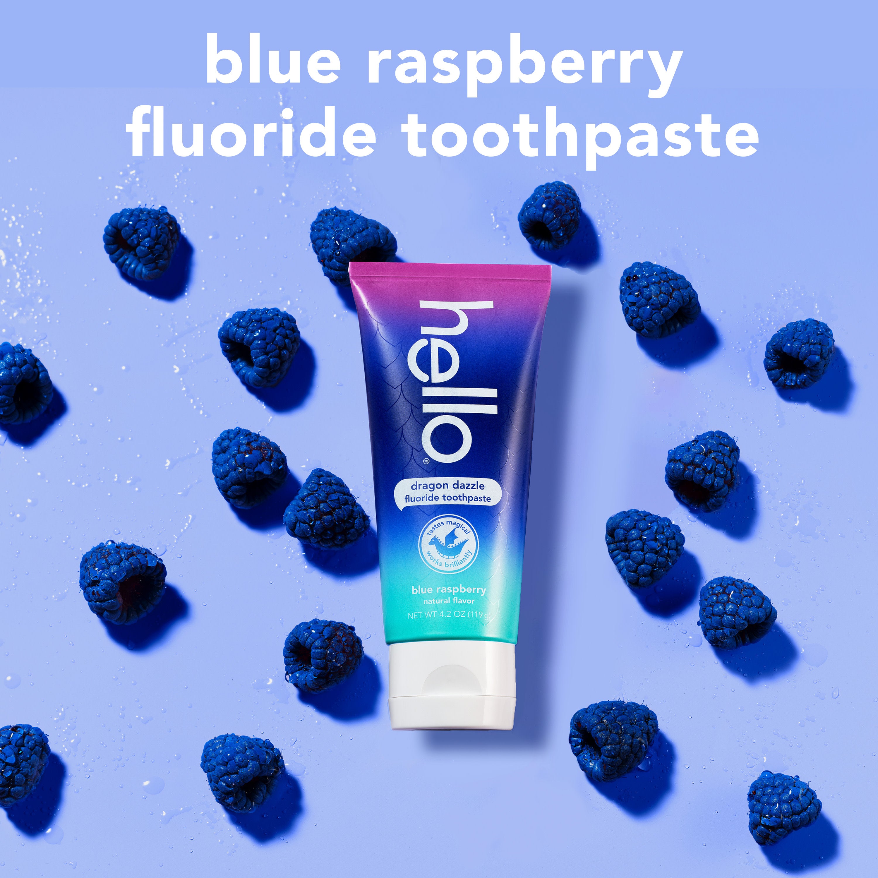 hello kids dragon dazzle blue raspberry fluoride toothpaste. In text: Blue raspberry fluoride toothpaste. 