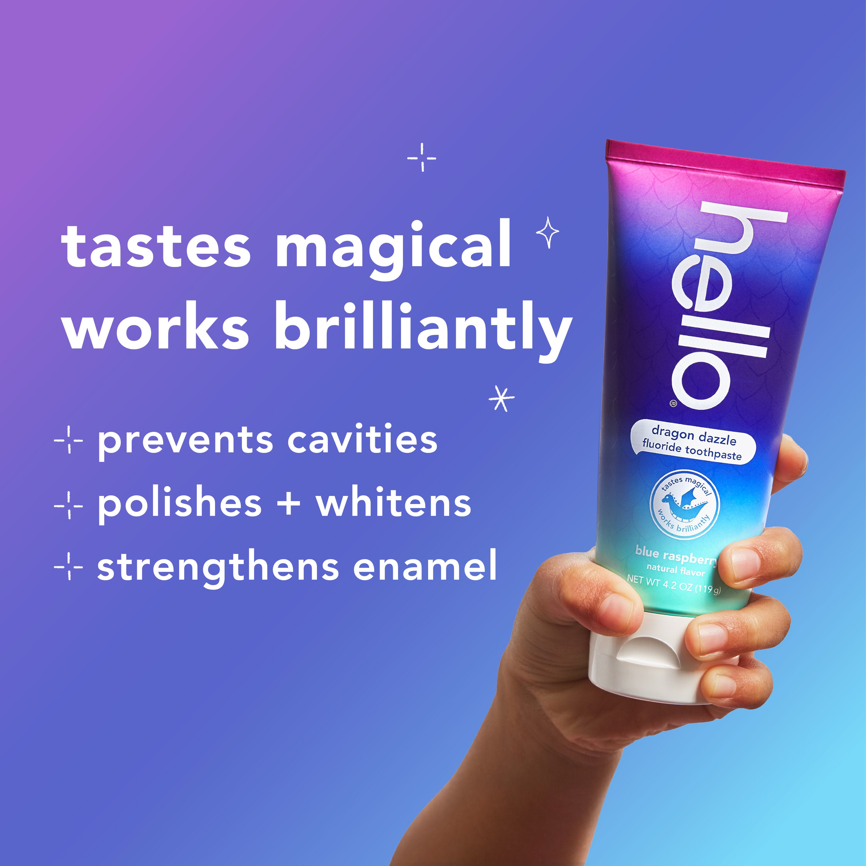 hello kids dragon dazzle blue raspberry fluoride toothpaste. In text: Tastes magical works brilliantly. Prevents cavities, polishes + whitens, and strengthens enamel.