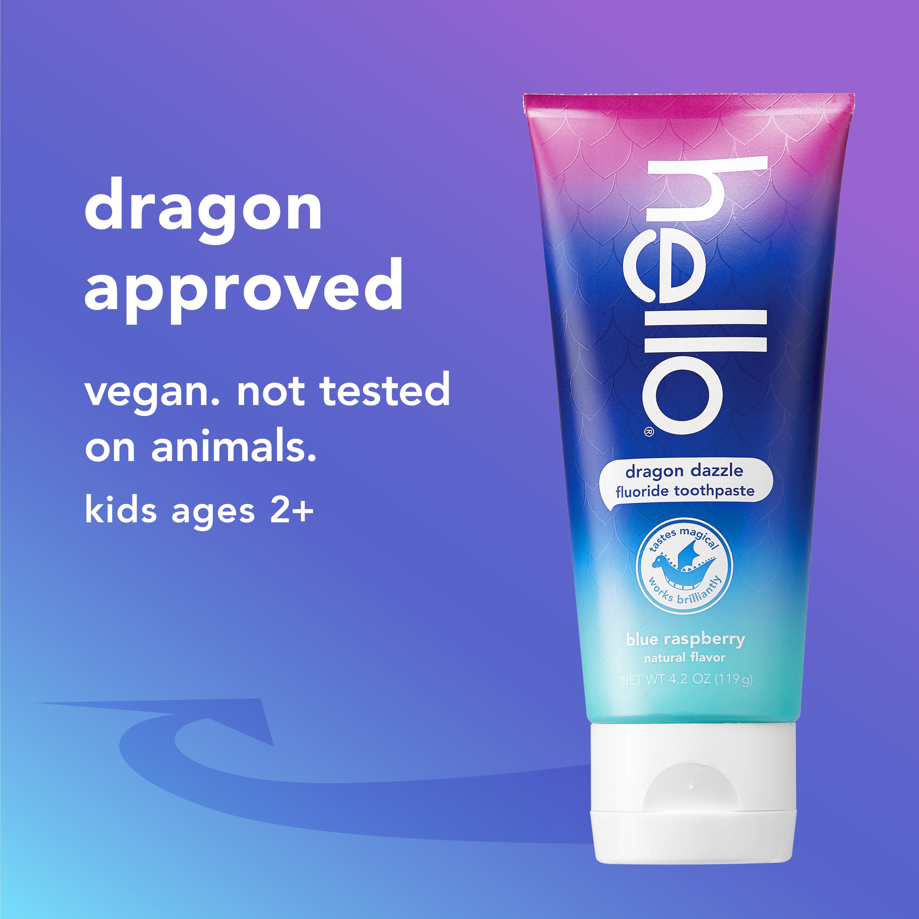 hello kids dragon dazzle blue raspberry fluoride toothpaste. In text: Dragon approved. Vegan. Not tested on animals. Kids ages 2+. 