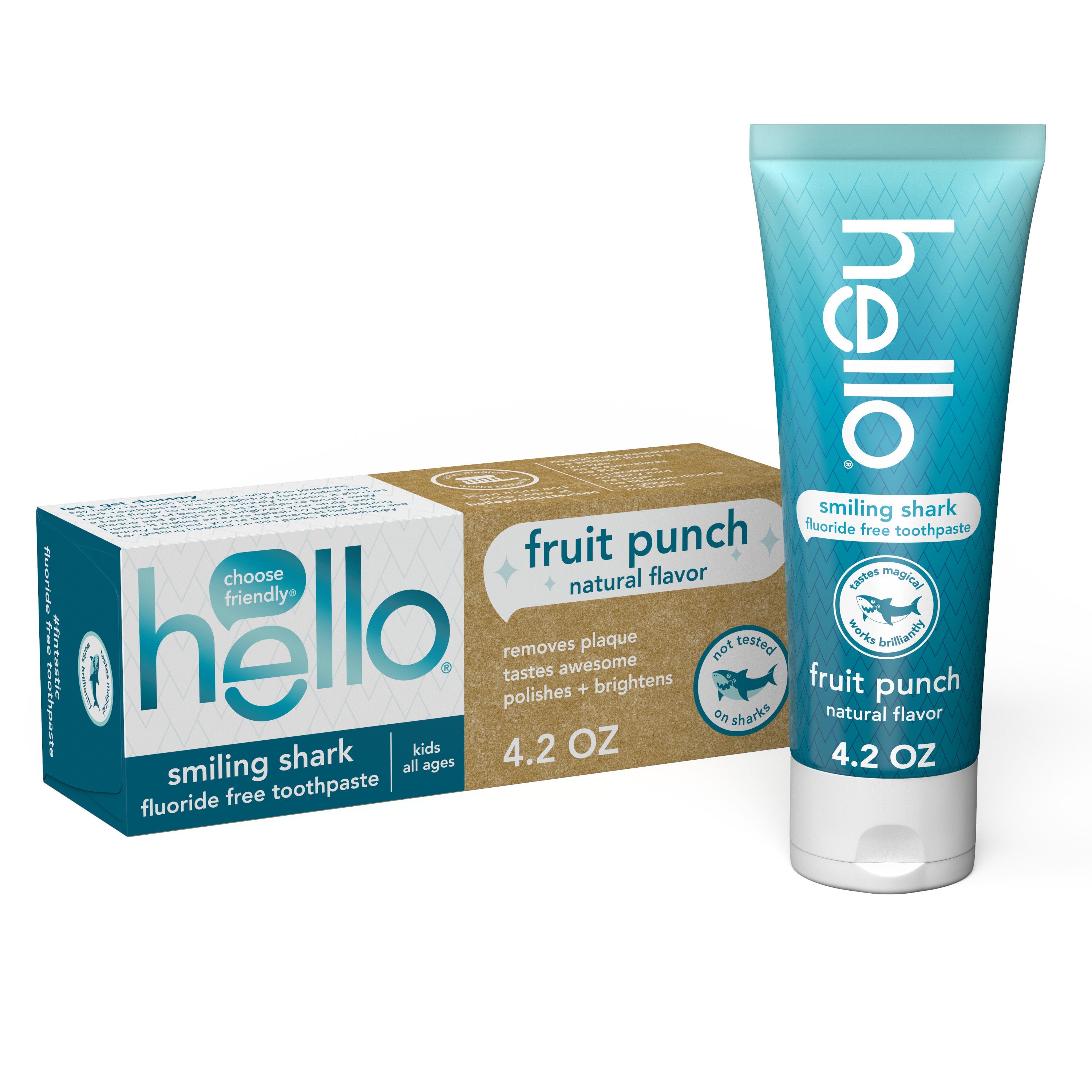 A box and a tube of hello Kids Smiling Shark Fluoride Free Toothpaste. 
