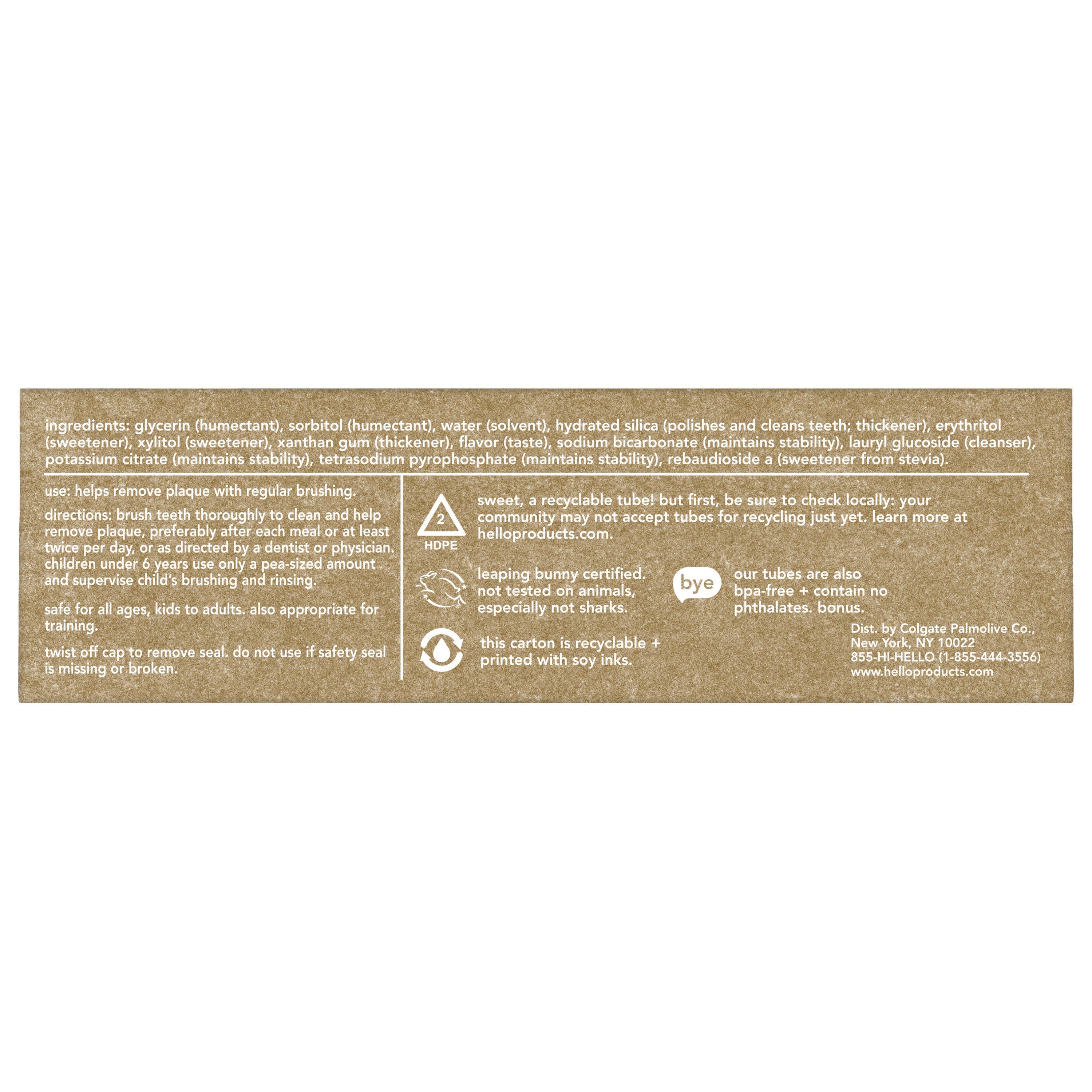 The back of a package of hello Kids Smiling Shark Fluoride Free Toothpaste. 