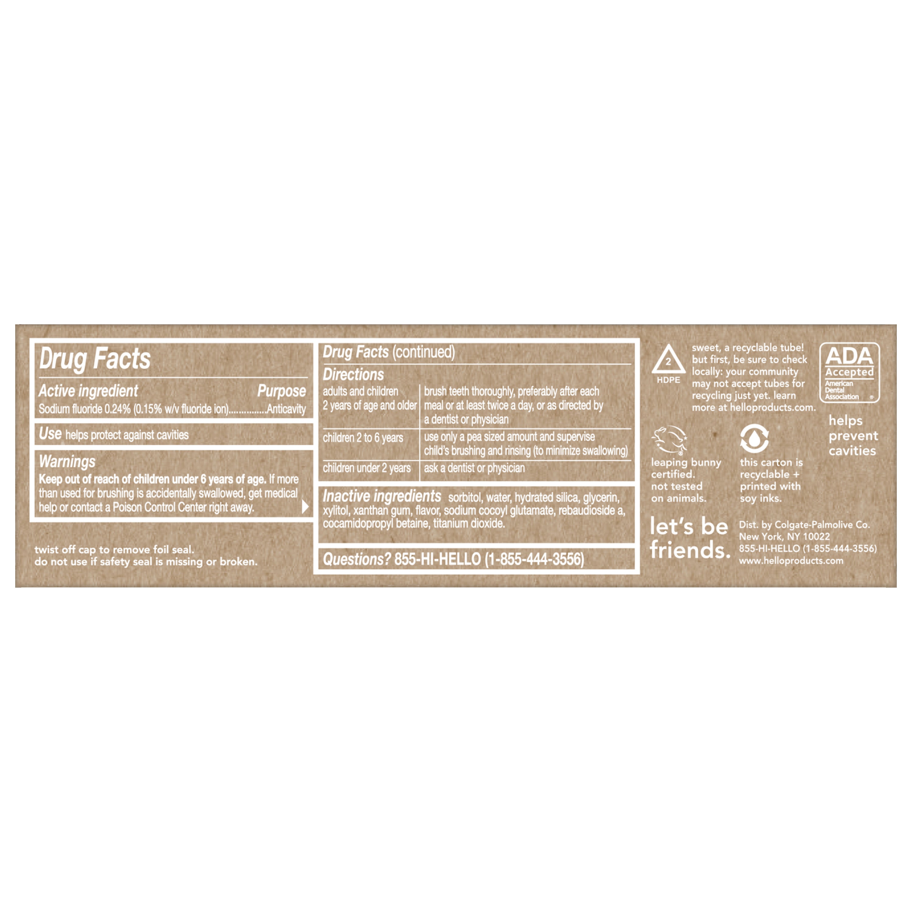 The back of a package of hello kids natural wild strawberry fluoride toothpaste.