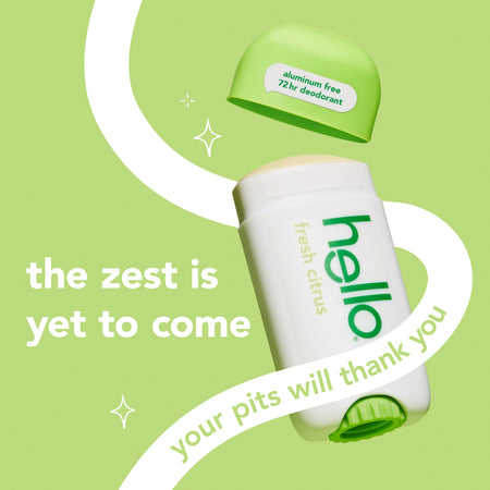 hello fresh citrus deodorant with shea butter. In text: The zest is yet to come. Your pits will thank you.