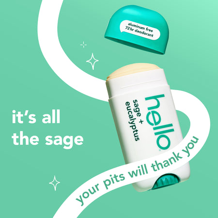 hello sage + eucalyptus aluminum free deodorant with shea butter. In text: it's all the sage. your pits will thank you.
