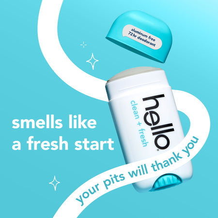 hello clean + fresh aluminum free deodorant with charcoal. In text: smells like a fresh start. your pits will thank you.