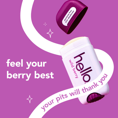 Product with 'hello' branding on a purple background