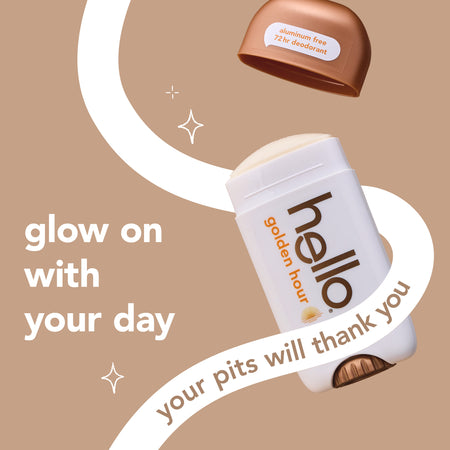 hello golden hour aluminum free deodorant with shea butter. In text: glow on with your day.  your pits will thank you. 