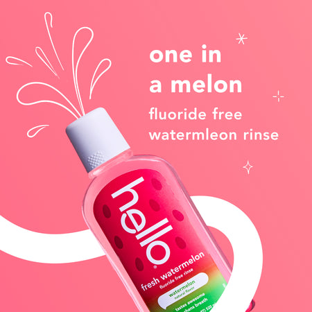 hello Kids Watermelon Fluoride Free Mouthwash. In text: fresh watermelon fluoride free rinse.