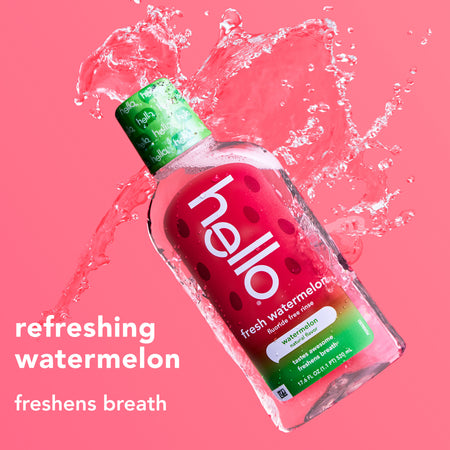hello Kids Watermelon Fluoride Free Mouthwash. In text: Refreshing watermelon freshens breath.
