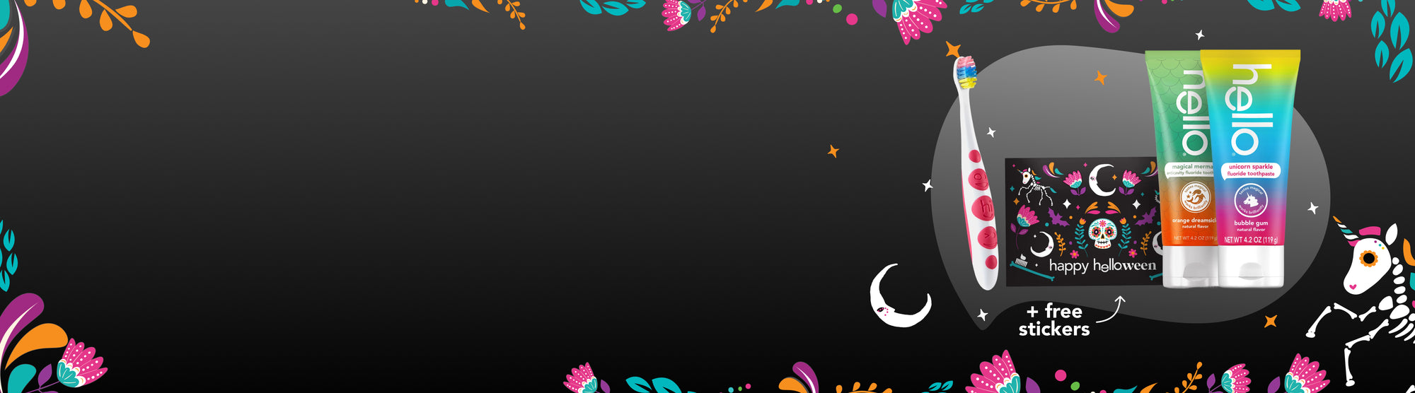Toothbrush and toothpaste with colorful packaging on a black background with decorative elements.