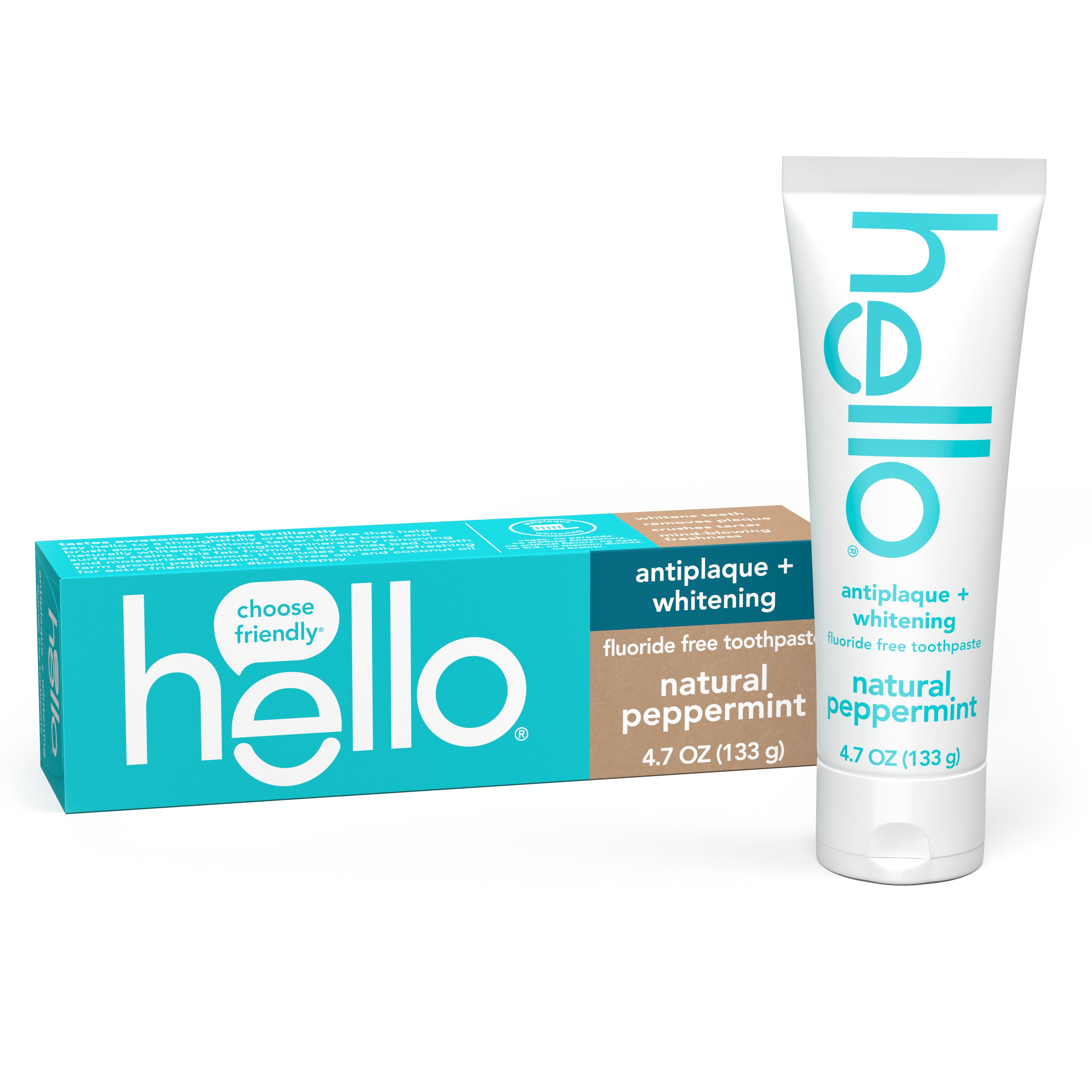 A container and a tube of Hello Antiplaque + Whitening Fluoride Free Toothpaste. 