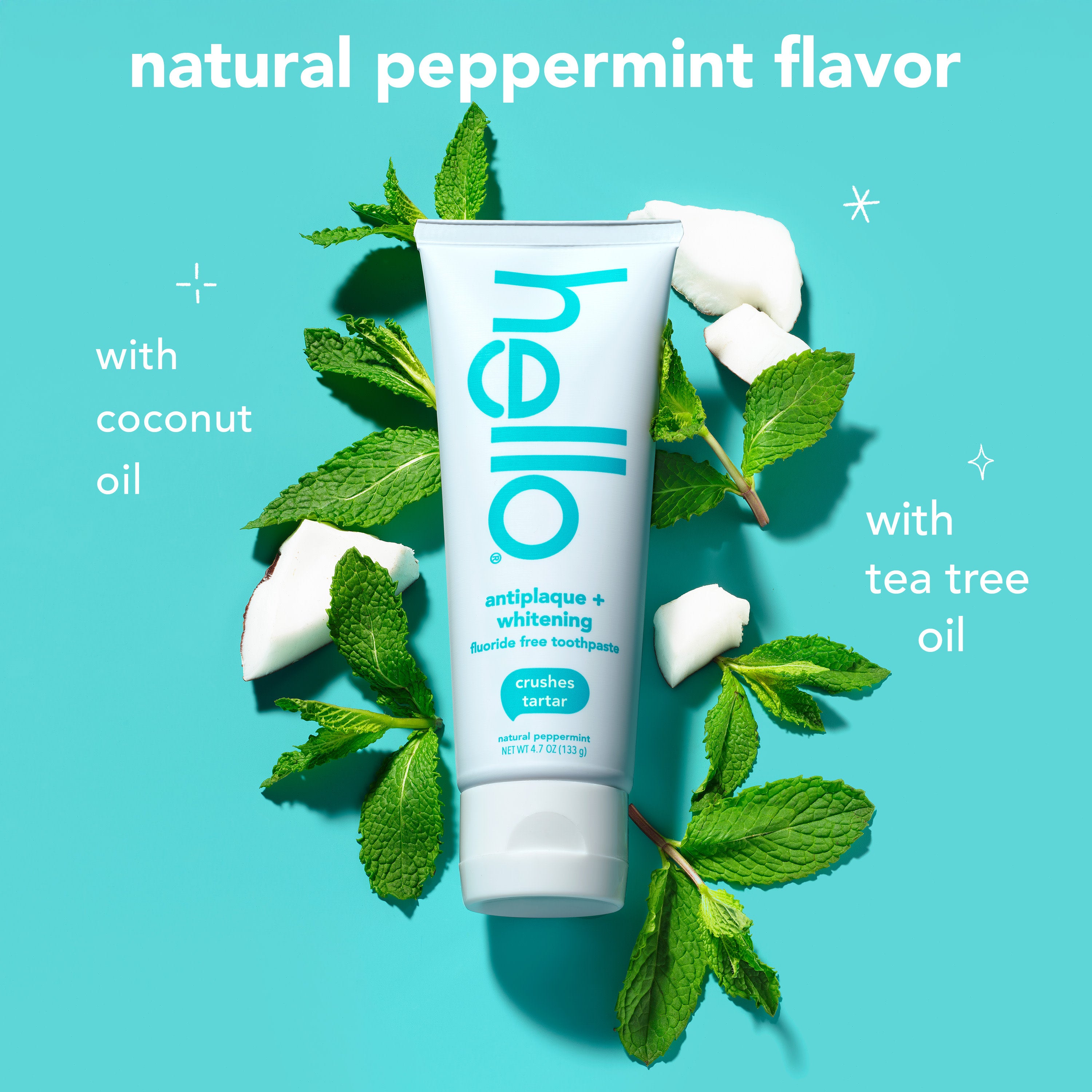 Hello Antiplaque + Whitening Fluoride Free Toothpaste. In text: Natural peppermint flavor. With coconut oil and with tea tree oil. 