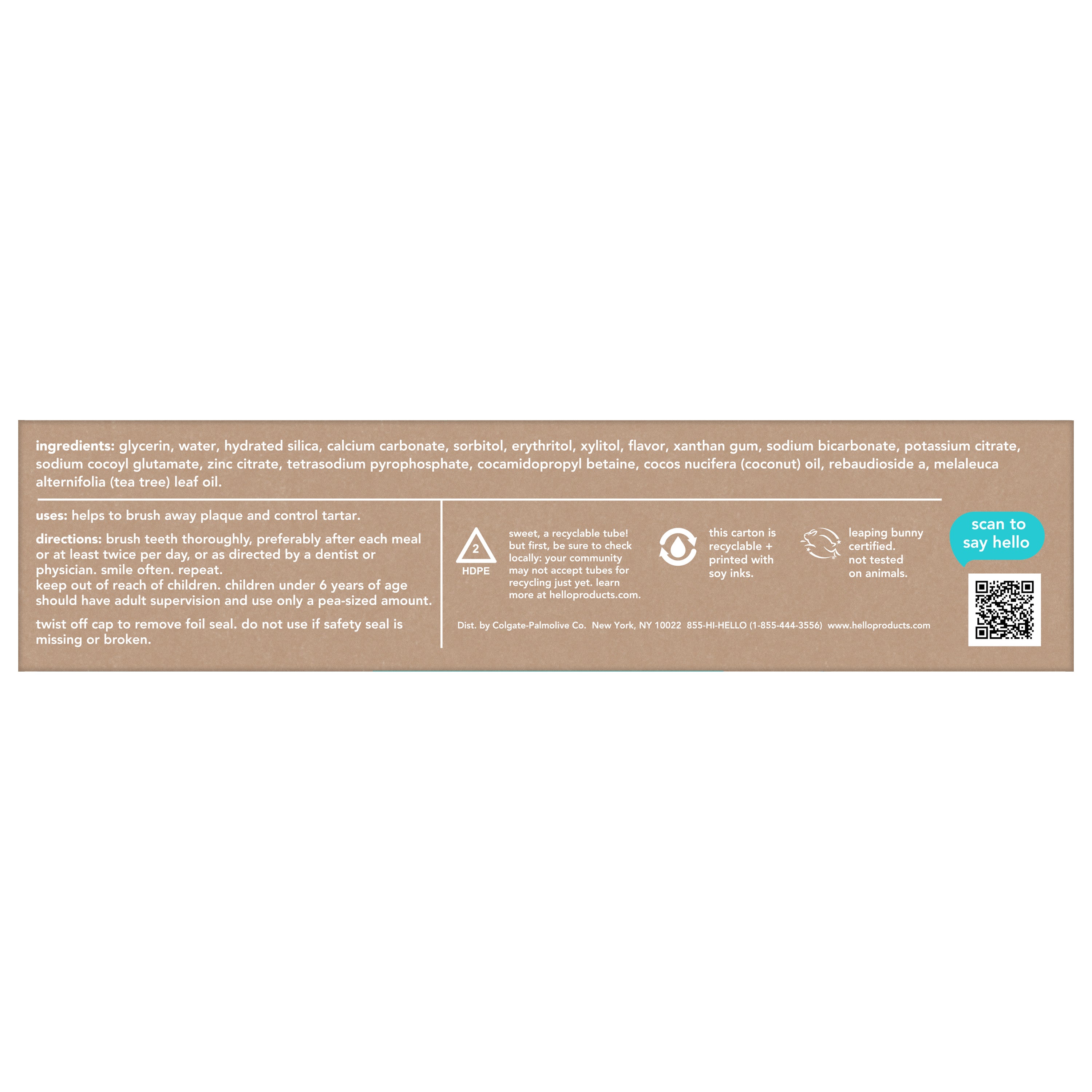 The back of a Hello Antiplaque + Whitening Fluoride Free Toothpaste container, which has ingredients, uses and directions. 