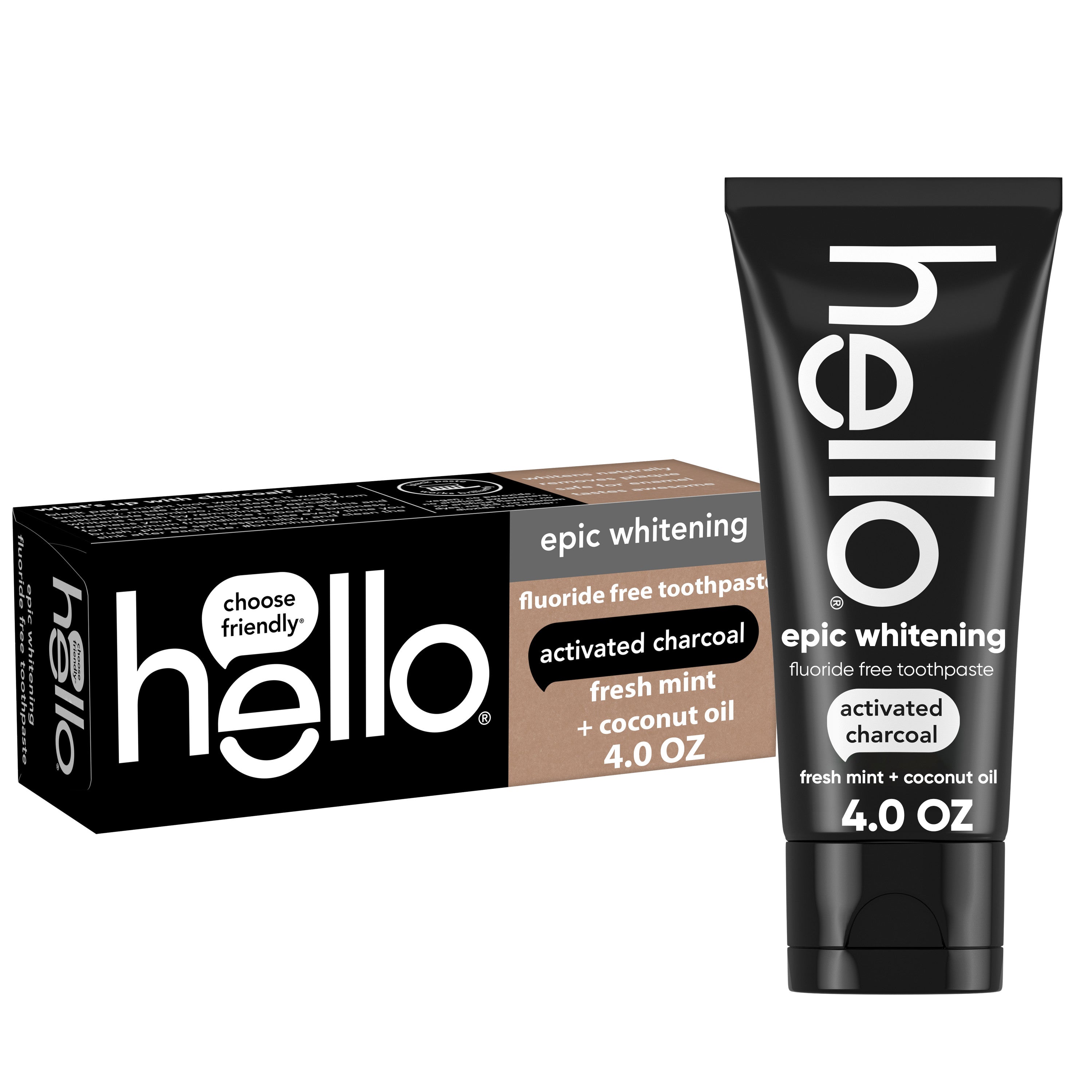 The package and tube of Hello's Activated Charcoal Epic Whitening Fluoride Free Toothpaste. 