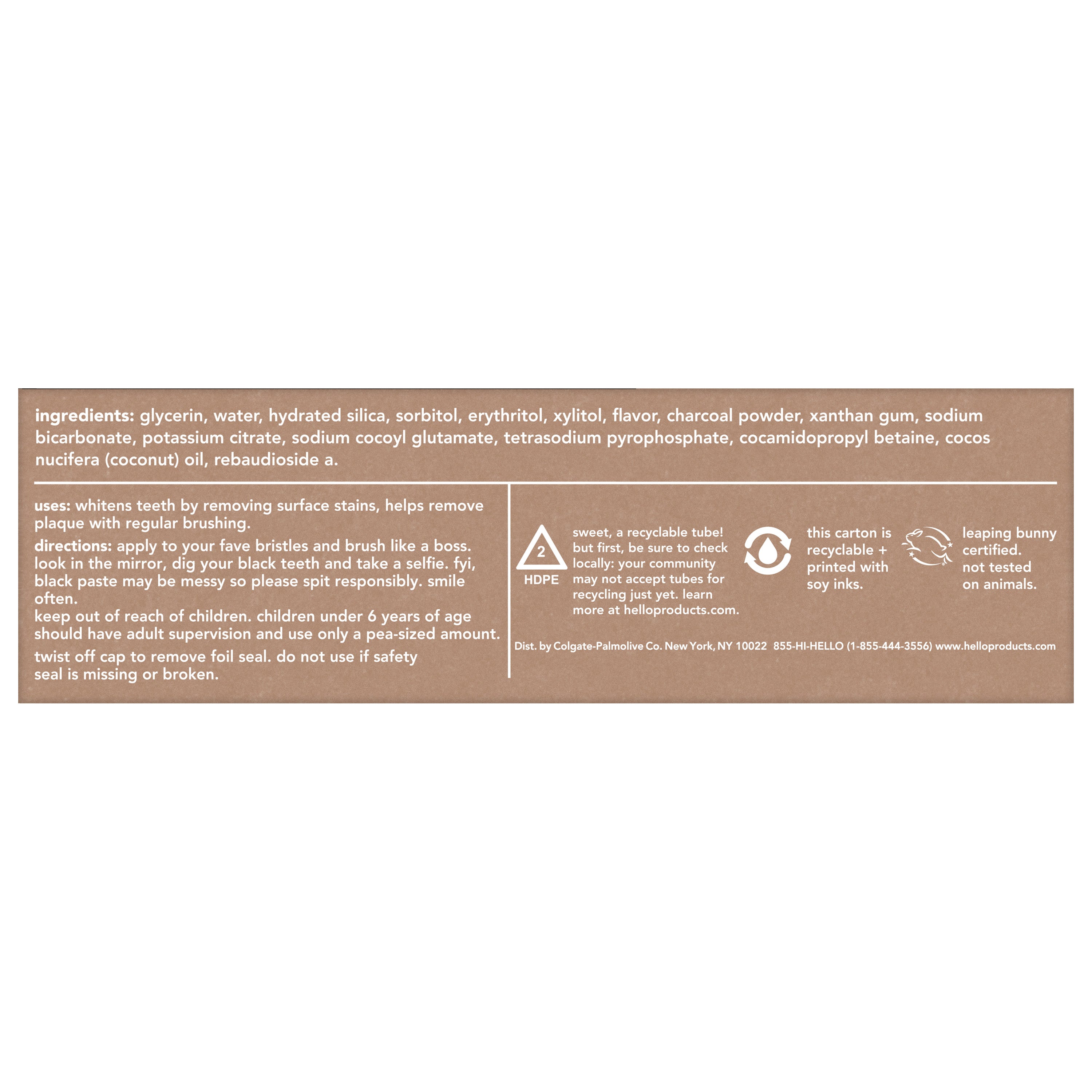 The back of a Hello Activated Charcoal Epic Whitening Fluoride Free Toothpaste container, which has ingredients, uses, and directions. 