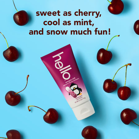 hello kids cherry mint penguin chill fluoride toothpaste. In text: sweet as cherry, cool as mint, and snow much fun!