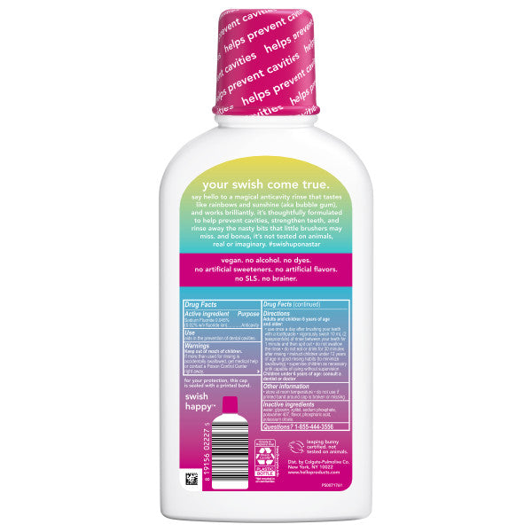 back of kids unicorn splash fluoride mouthwash