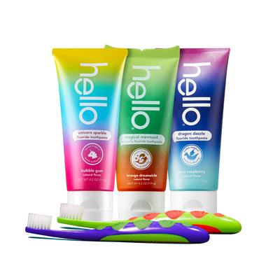 hello kids toothpaste and toothbrushes.