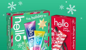 Two 'hello' holiday kits on a green background with snowflakes
